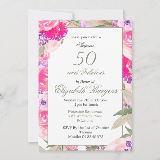 50 Fabulous Pink Floral Roos Chic Birthday Kaart (Voorkant)