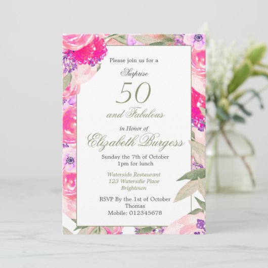 50 Fabulous Pink Floral Roos Chic Birthday Kaart (Staand voorkant)