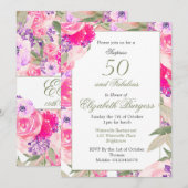 50 Fabulous Pink Floral Roos Chic Birthday Kaart (Voorkant / Achterkant)