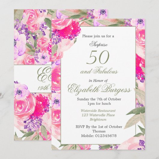 50 Fabulous Pink Floral Roos Chic Birthday Kaart (Voorkant / Achterkant)