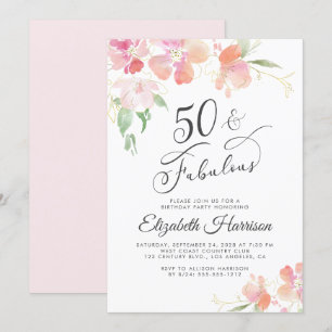 50 Fabulous Pink Floral Waterverf Birthday Party Kaart