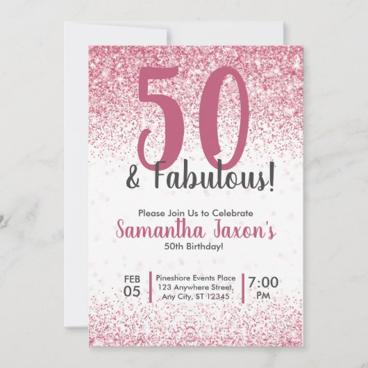 50 & Fabulous Pink Glitter Confetti Birthday Invit Kaart (Voorkant)