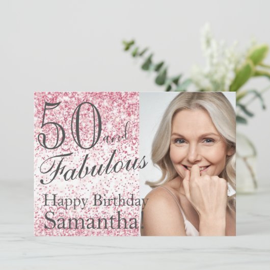 50 & Fabulous Pink Glitter Confetti Birthday Kaart (Staand voorkant)
