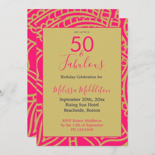 50 Fabulous Pink Gold Party Invitation Kaart (Voorkant / Achterkant)