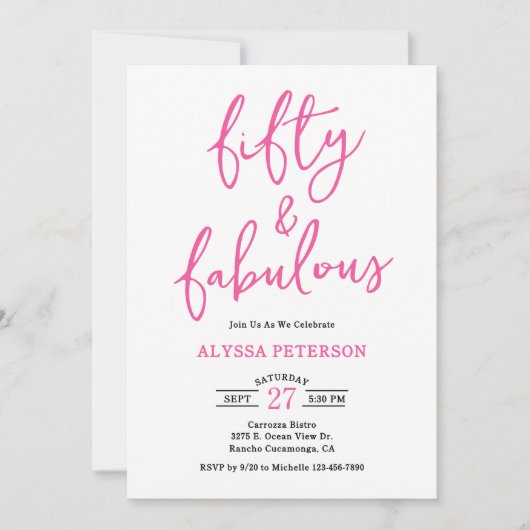 50 & Fabulous Pink Modern Script 50th Birthday  Kaart (Voorkant)