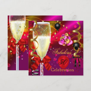 50 & Fabulous Pink Red Gold Black Birthday Party Kaart