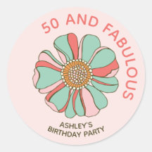 50 & Fabulous Pink Retro Floral Sticker