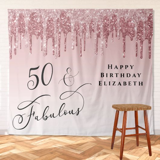 50 Fabulous Pink Rose Gold Glitter Birthday Party Wandkleed