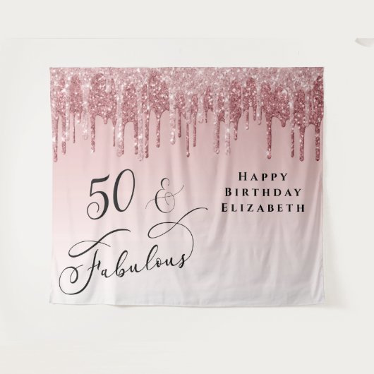 50 Fabulous Pink Rose Gold Glitter Birthday Party Wandkleed (Voorkant (horizontaal))