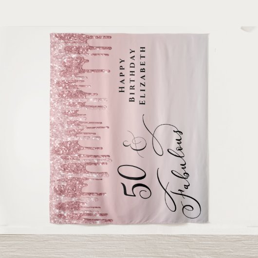 50 Fabulous Pink Rose Gold Glitter Birthday Party Wandkleed (Voorkant)