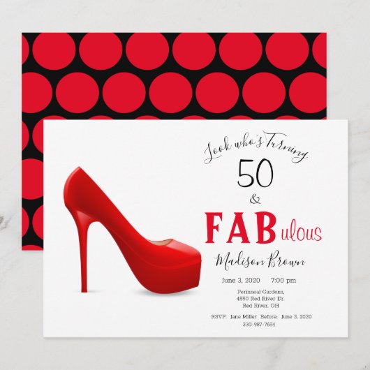 50 & Fabulous Red Black Girly Birthday Kaart (Voorkant / Achterkant)