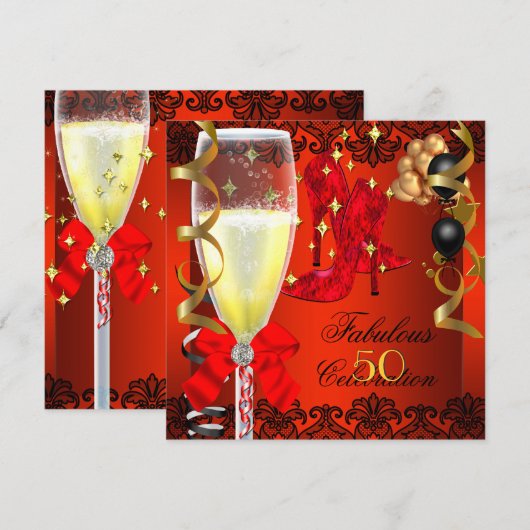50 Fabulous Red Black Gold 50th Champagne Party Kaart (Voorkant / Achterkant)