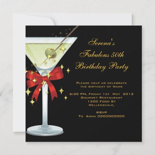 50 Fabulous Red Gold Black Martini Birthday Party Kaart (Achterkant)