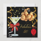 50 Fabulous Red Gold Black Martini Birthday Party Kaart (Voorkant)