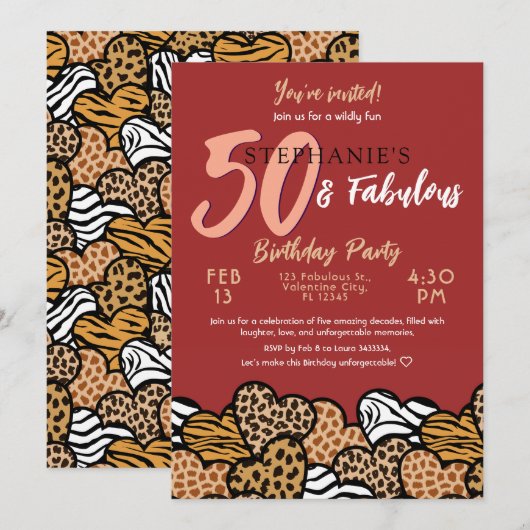 50 & Fabulous Red Wild Hearts Vijftig Verjaardag Kaart (Voorkant / Achterkant)