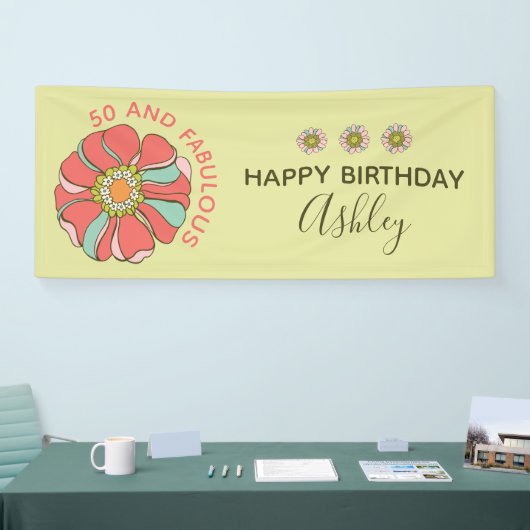 50 & Fabulous Retro Bloemen Verjaardag Spandoek (Beurs)