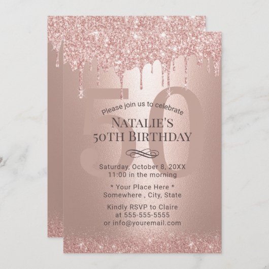 50 & Fabulous Roos Gold Glitter Drips 's avonds Kaart (Voorkant / Achterkant)