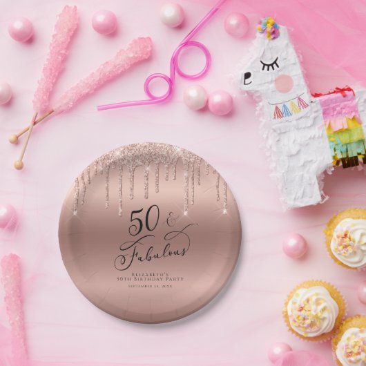50 Fabulous Roos Gold Glitter, persoonlijk Papieren Bordje (Feest)