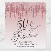 50 Fabulous Roos Gold Glitter Pink Birthday Party Wijn Etiket (Enkel label)