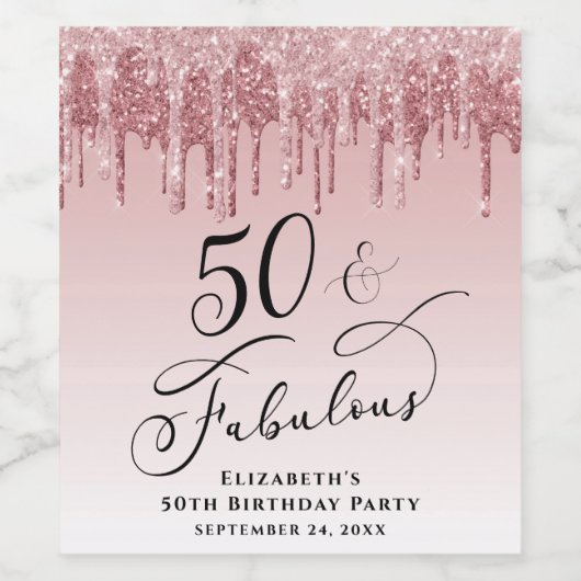 50 Fabulous Roos Gold Glitter Pink Birthday Party Wijn Etiket (Enkel label)