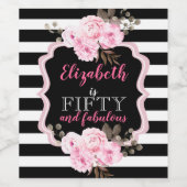 50 & Fabulous Roze Bloemen Zwarte Streep Wijn Etiket (Enkel label)