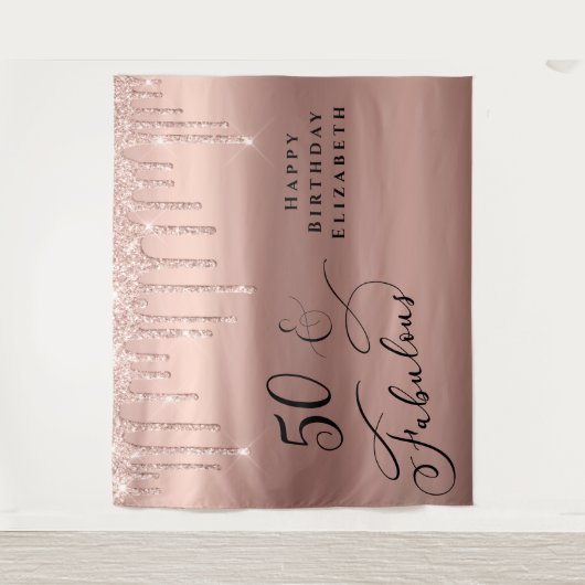 50 Fabulous Roze Gouden Glitter Verjaardagsfeestje Wandkleed (Voorkant)