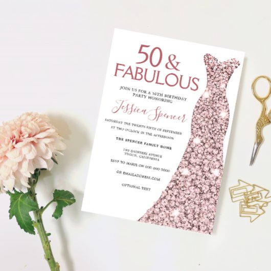50 & Fabulous Roze Gouden Jurk 50ste Verjaardagsfe Kaart