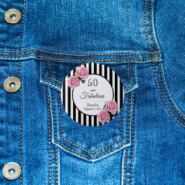 50 fabulous roze rozen zwarte witte strepen ronde button 5,7 cm