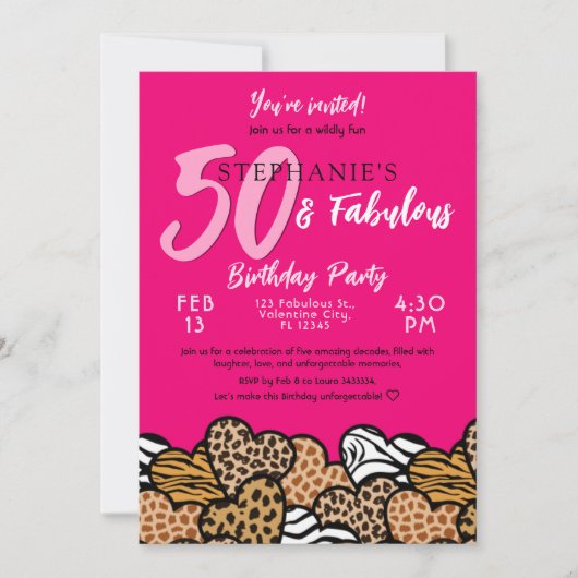 50 & Fabulous Roze Wilde Harten Vijftigste Verjaar Kaart (Voorkant)