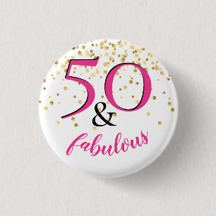 50 & Fabulous Roze & Witte Gouden Stippen Feest Fa Ronde Button 3,2 Cm