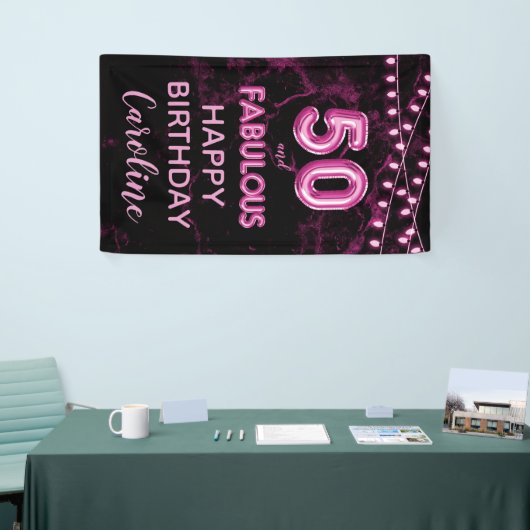 50 & Fabulous Roze & Zwart Verjaardag Verticaal Spandoek (Beurs)