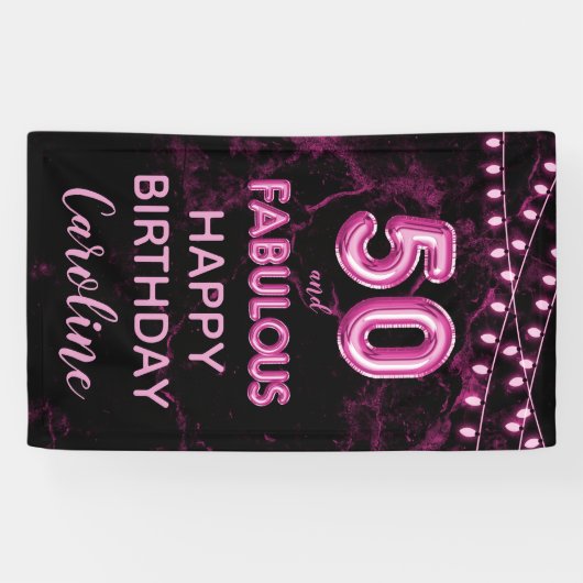 50 & Fabulous Roze & Zwart Verjaardag Verticaal Spandoek (Horizontaal)