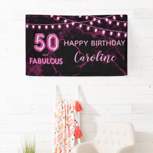 50 & Fabulous Roze & Zwarte Ballonlichten Verjaard Spandoek (Insitu)