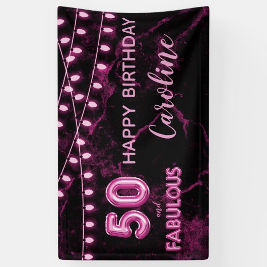 50 & Fabulous Roze & Zwarte Ballonlichten Verjaard Spandoek (Verticaal)