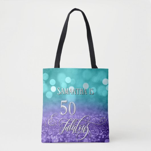 50 & Fabulous Script Glanzend Turkoois Paarse Ombr Tote Bag (Voorkant)