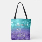 50 & Fabulous Script Glanzend Turkoois Paarse Ombr Tote Bag (Achterkant)
