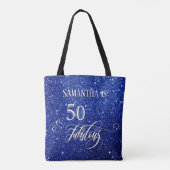 50 & Fabulous Script Glitterend Diepblauw Glitters Tote Bag (Achterkant)