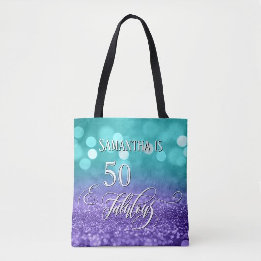 50 & Fabulous Script Glitterende Turquoise Paarse Tote Bag (Voorkant)