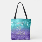 50 & Fabulous Script Glitterende Turquoise Paarse Tote Bag (Achterkant)