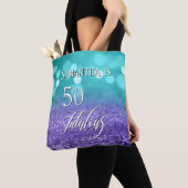 50 & Fabulous Script Glitterende Turquoise Paarse Tote Bag (Dichtbij)