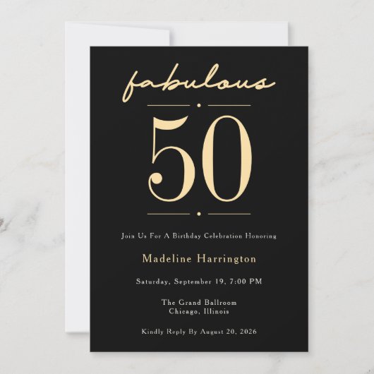 50 & Fabulous Script Zwart Gouden Verjaardagsfeest Kaart (Voorkant)