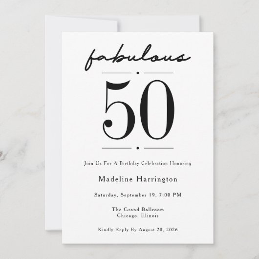 50 & Fabulous Script Zwart Wit Verjaardagsfeestje Kaart (Voorkant)