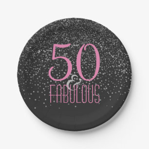 50 & Fabulous Silver Confetti   Roze 50e verjaarda Papieren Bordje