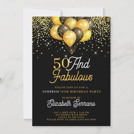 50 Fabulous Surprise Birthday Gold Black Glitter Kaart (Voorkant)