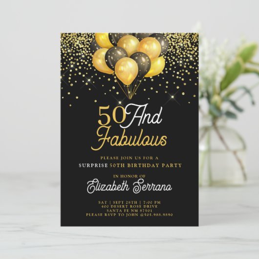 50 Fabulous Surprise Birthday Gold Black Glitter Kaart (Staand voorkant)