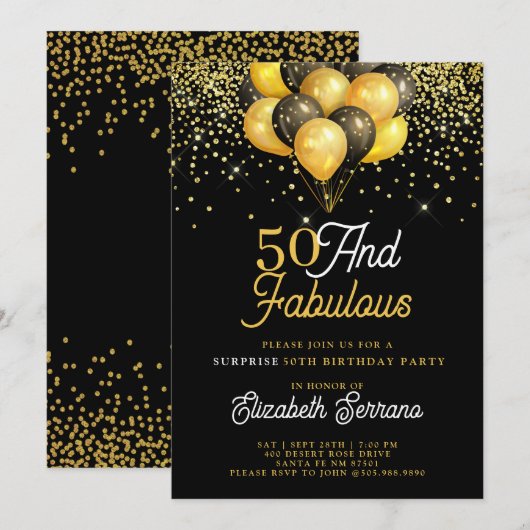 50 Fabulous Surprise Birthday Gold Black Glitter Kaart (Voorkant / Achterkant)
