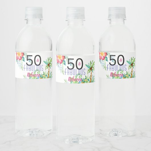 50 & Fabulous Tropical Floral Name 50th Birthday Waterfles Etiket (Flessen)
