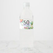 50 & Fabulous Tropical Floral Name 50th Birthday Waterfles Etiket (Voorkant)