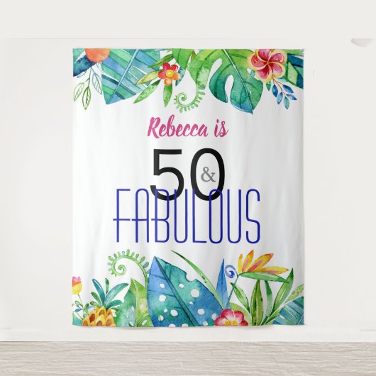50 & Fabulous Tropical Floral Photo Booth Backdrop Wandkleed (Voorkant)