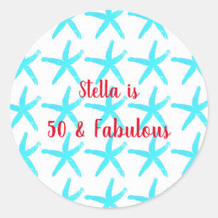 50 & Fabulous Verjaardag Blauwe Zeester Patronen C Ronde Sticker